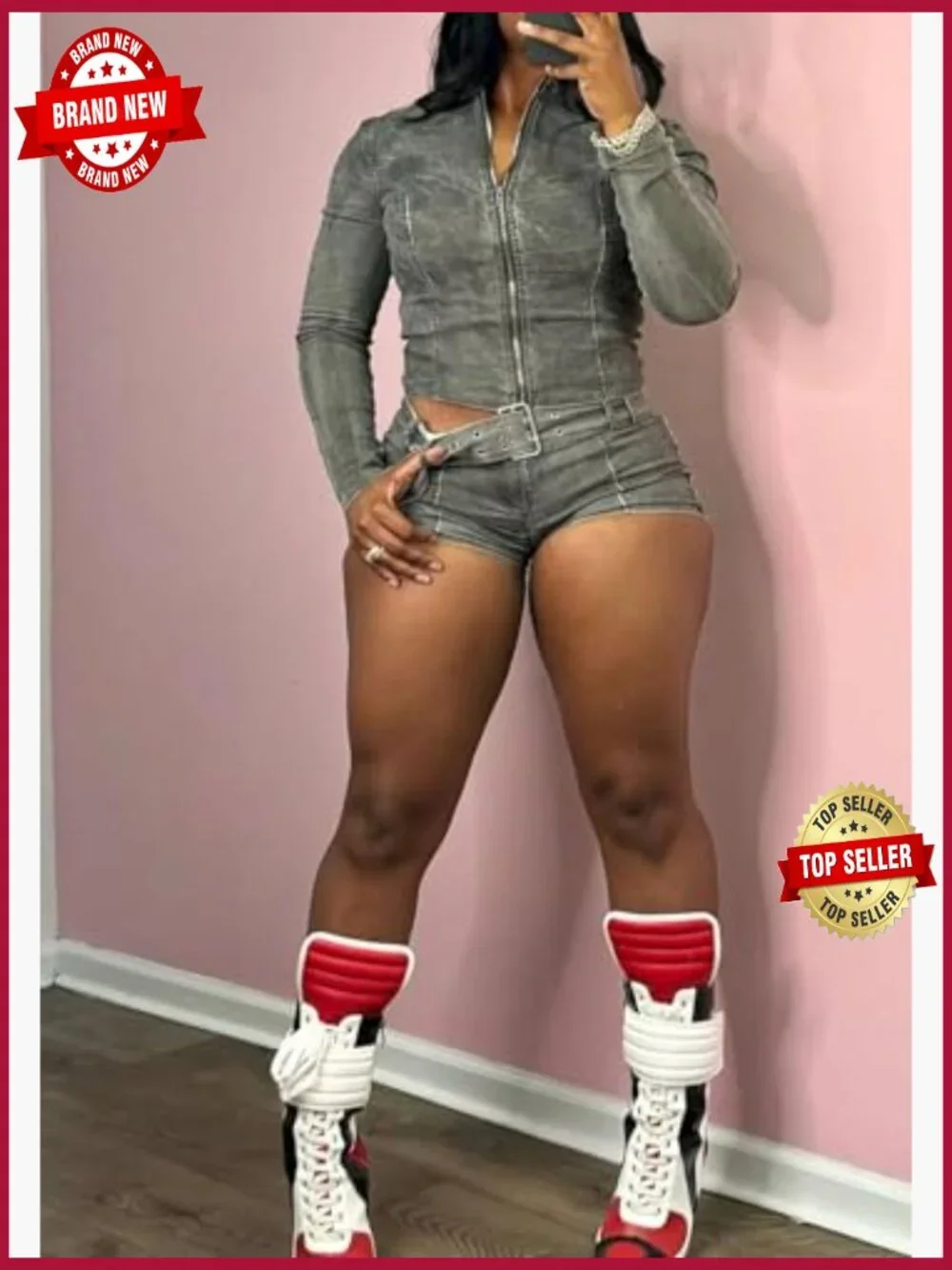 Women's 2 Piece Denim Shorts Set Long Sleeve Zip Up Jacket High Waist Shorts